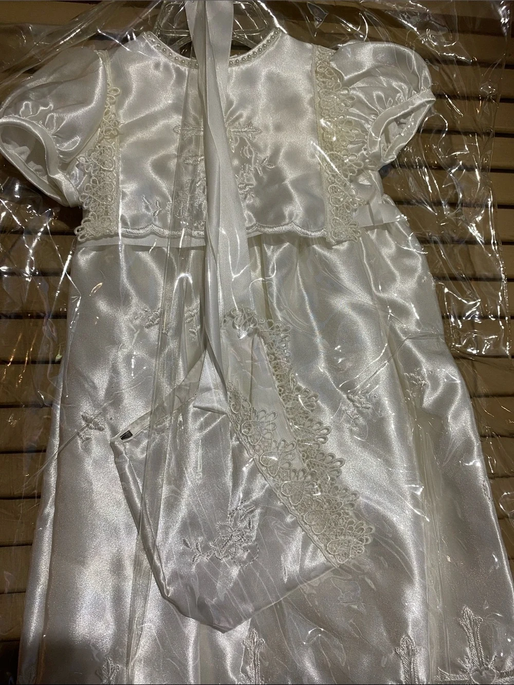 Ivory Satin  Girl Dress with Lace Trim and hat